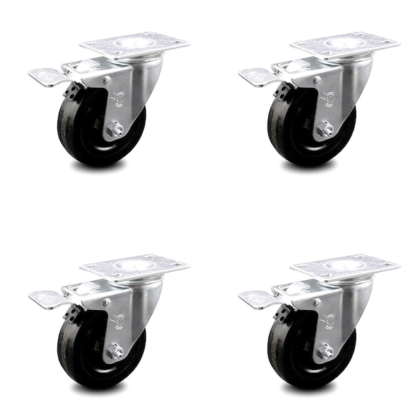 4 Inch Phenolic Swivel Top Plate Caster Set with Total Lock Brake